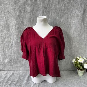 Express Womens Red Blouse puff Sleeve V-Neck Sz XL lined side zip Pleated Maroon